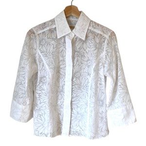 Talbots Petites White Sheer Floral Blouse 3/4 length sleeves Size 4